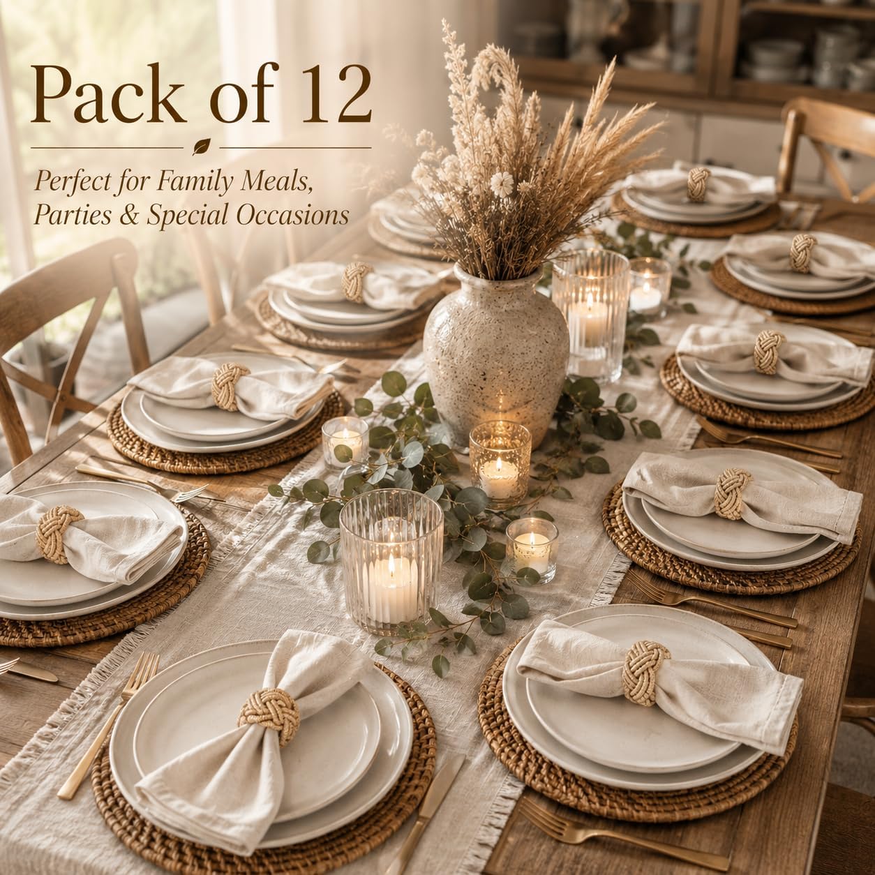 CLEENTABLE Woven Napkin Rings, Set of 12, Natural Coastal
