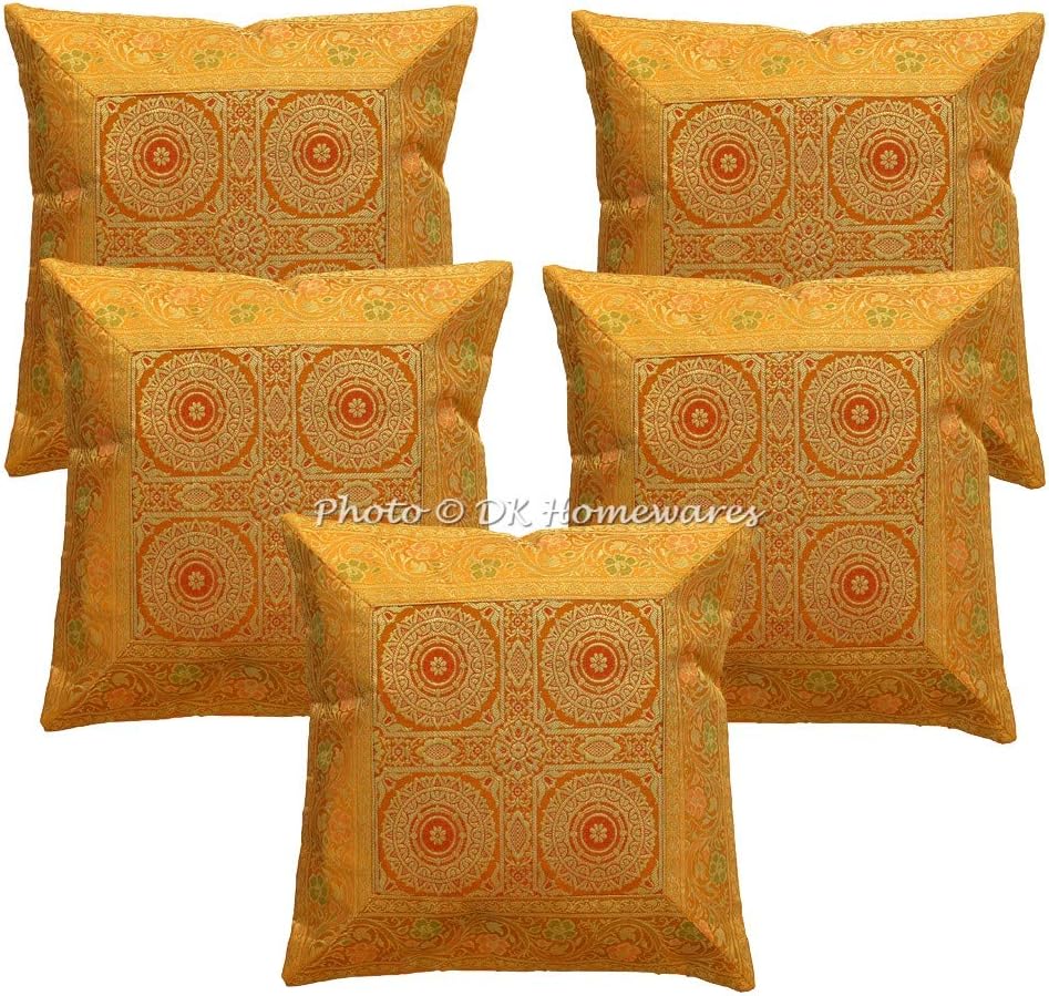 Ethnic Decorative Accent Throw Pillow Covers 16 Inch Brocade Jacquard Mandala Boho Square Cushion Covers (Size - 40x40 cm ; Color: Mustard Yellow & Gold) - Set of 5 Pcs (Cover Only)