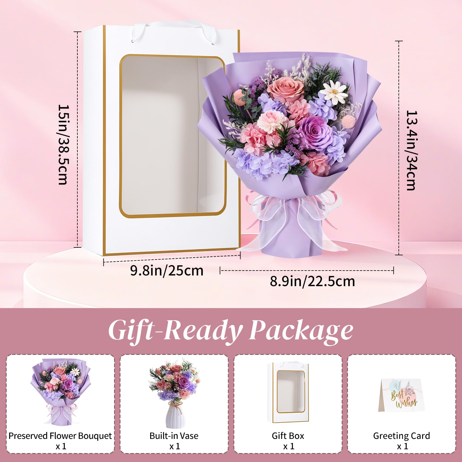 Lewondr Ramo de Flores Conservadas con Jarrón – 2 Rosas y Flores Reales, Ramo Rosas Eternas de Larga Duración, Regalo Eterno para Madre, Esposa, San Valentín Aniversario o Cumpleaños, Morado