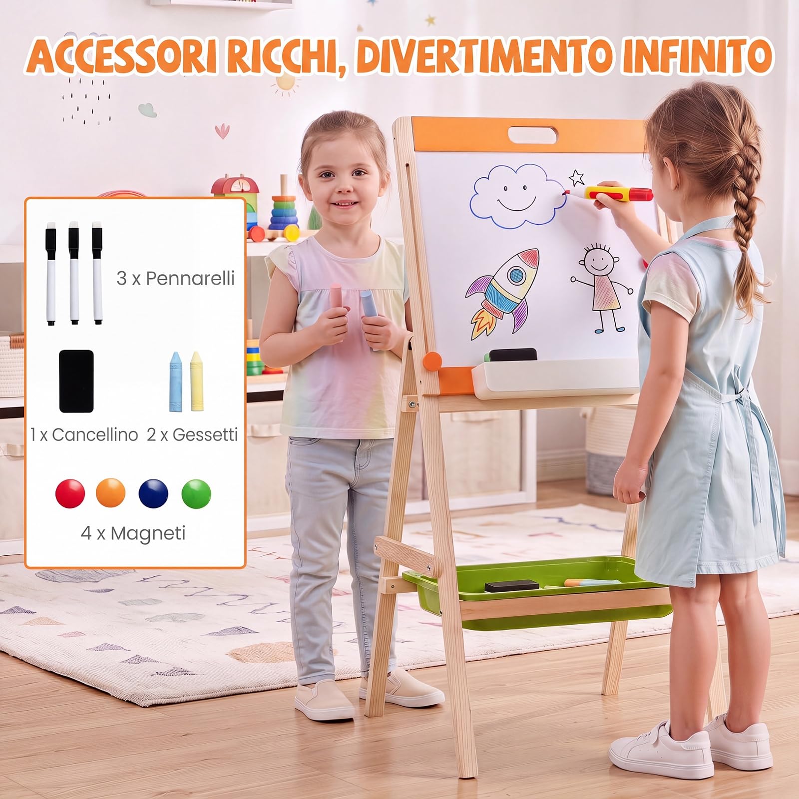 COSTWAY 2 in 1 Cavalletto da Disegno per Bambini 3+ Anni, a Doppia Faccia