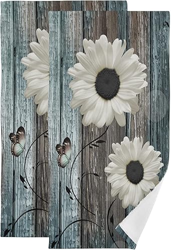 AIYOOLER Juego de 2 toallas de mano para baño, diseño floral, rústico, blanco, margarita, verde azulado, azul, tablón de madera, suave, absorbente,