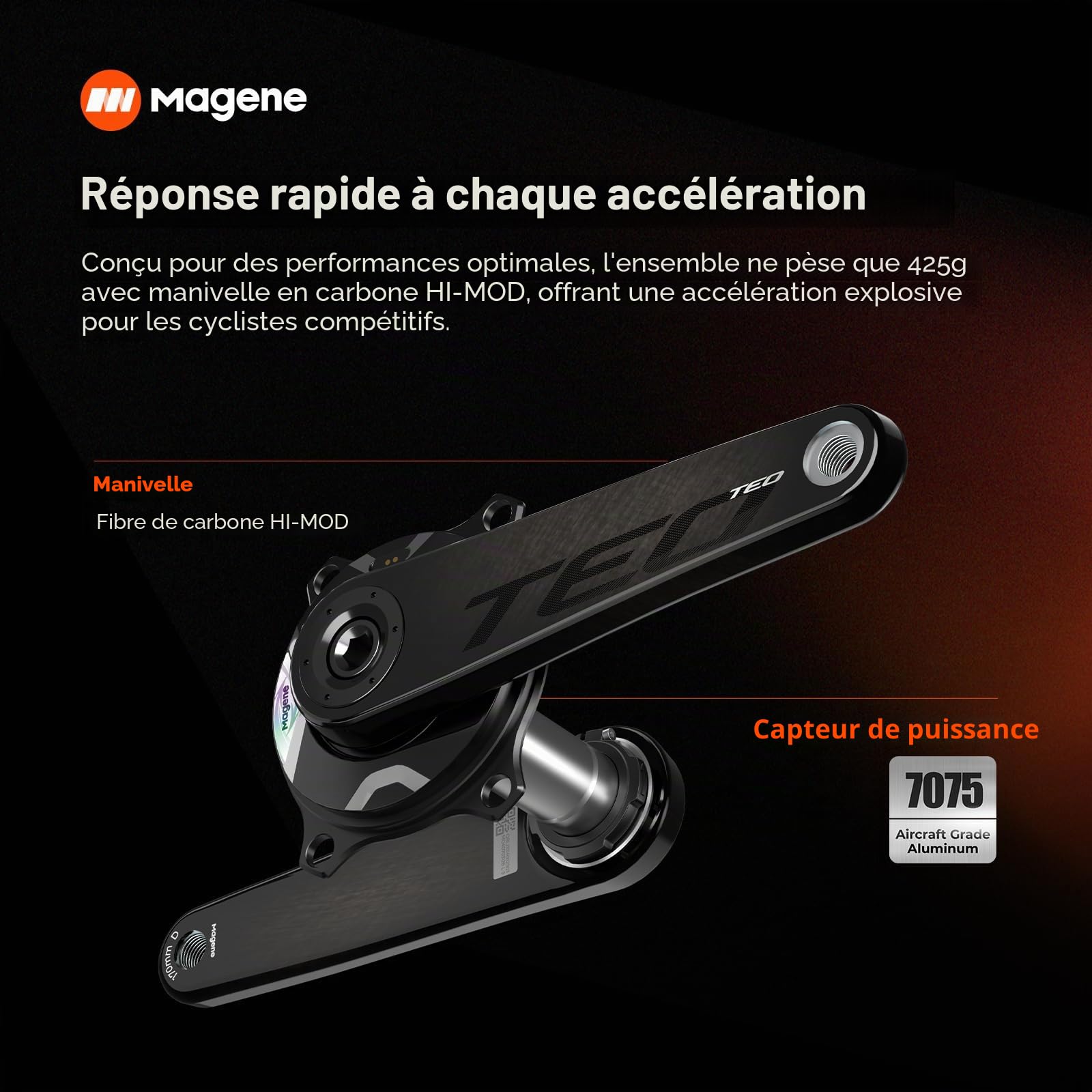 Magene TEO Pédalier P515 avec Capteur de Puissance, 4 Boulons, 110BCD, axe de 29 mm, Bluetooth Ant, Pédale de Cadence, équilibre, Pédalier en Carbone