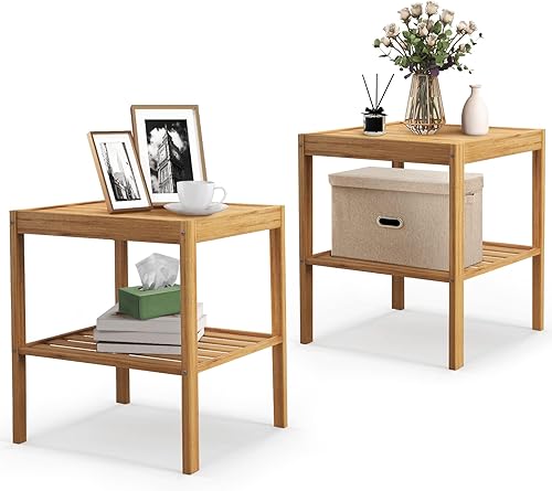 Tangkula Juego de 2 mesitas de noche de bambú mesa auxiliar de 2 niveles con estante inferior mesa auxiliar cuadrada junto al sofá y cama mesita de