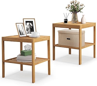 Tangkula Bamboo Nightstand Set of 2, 2-Tier Square Side Table