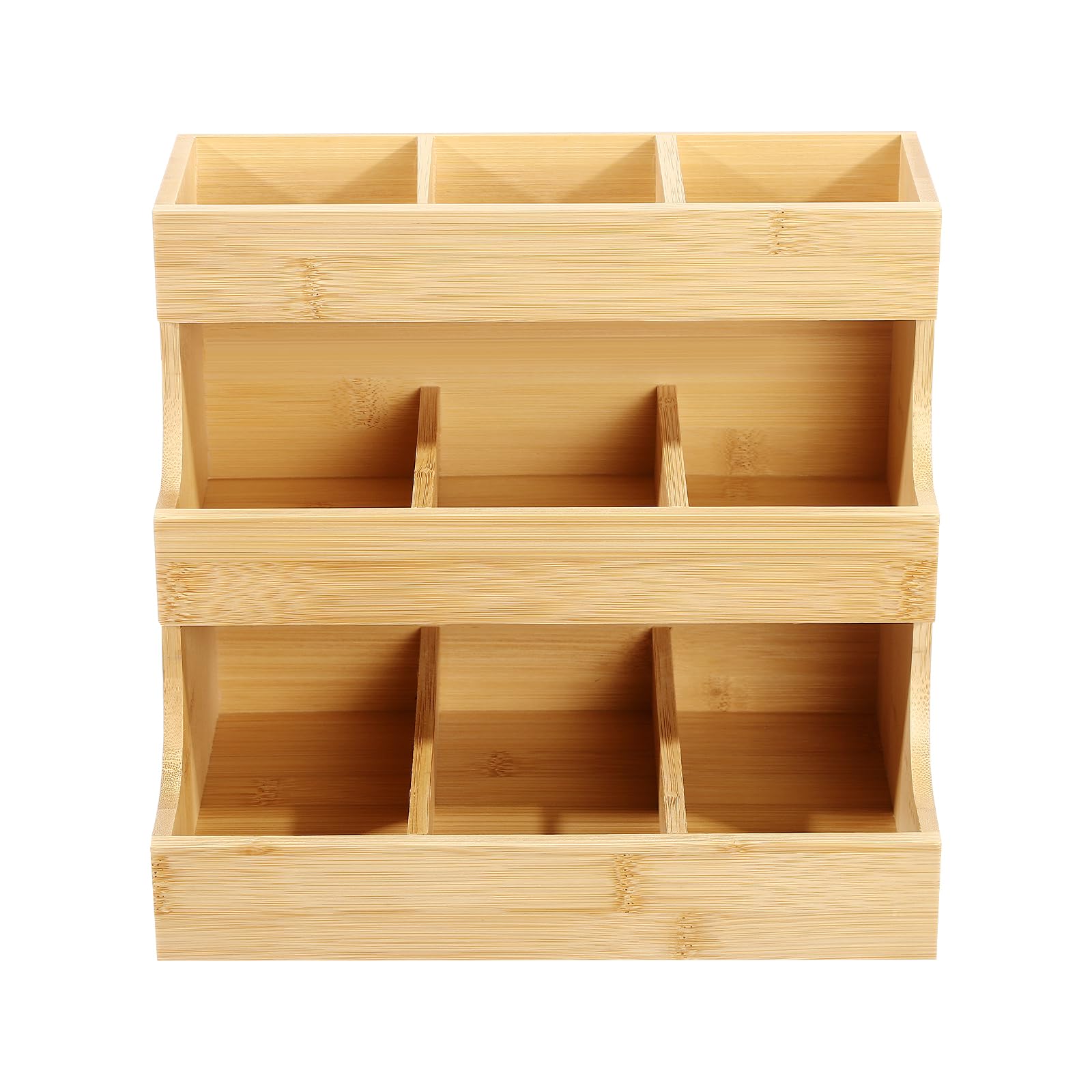 Organizador de bolsas de té de bambú con 9 compartimentos, soporte trapezoidal para bolsas de té, capacidad de carga de 5 kg, alta estabilidad para oficina y cocina, adecuado para los amantes