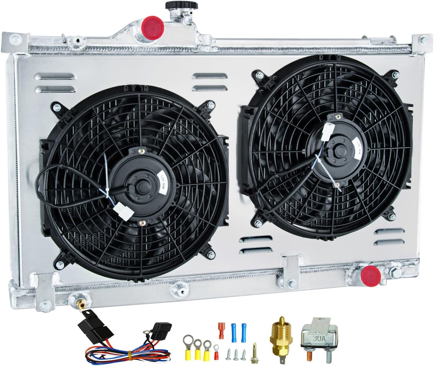 All Aluminum Radiator Compatible with Lexus IS200/IS300 2.0/3.0L 1G-FE 2JZ-GE Manual MT 1999-2005, 3 Row Core Radiators with 12inch Electric Fan Shroud Thermostat Realy Kit