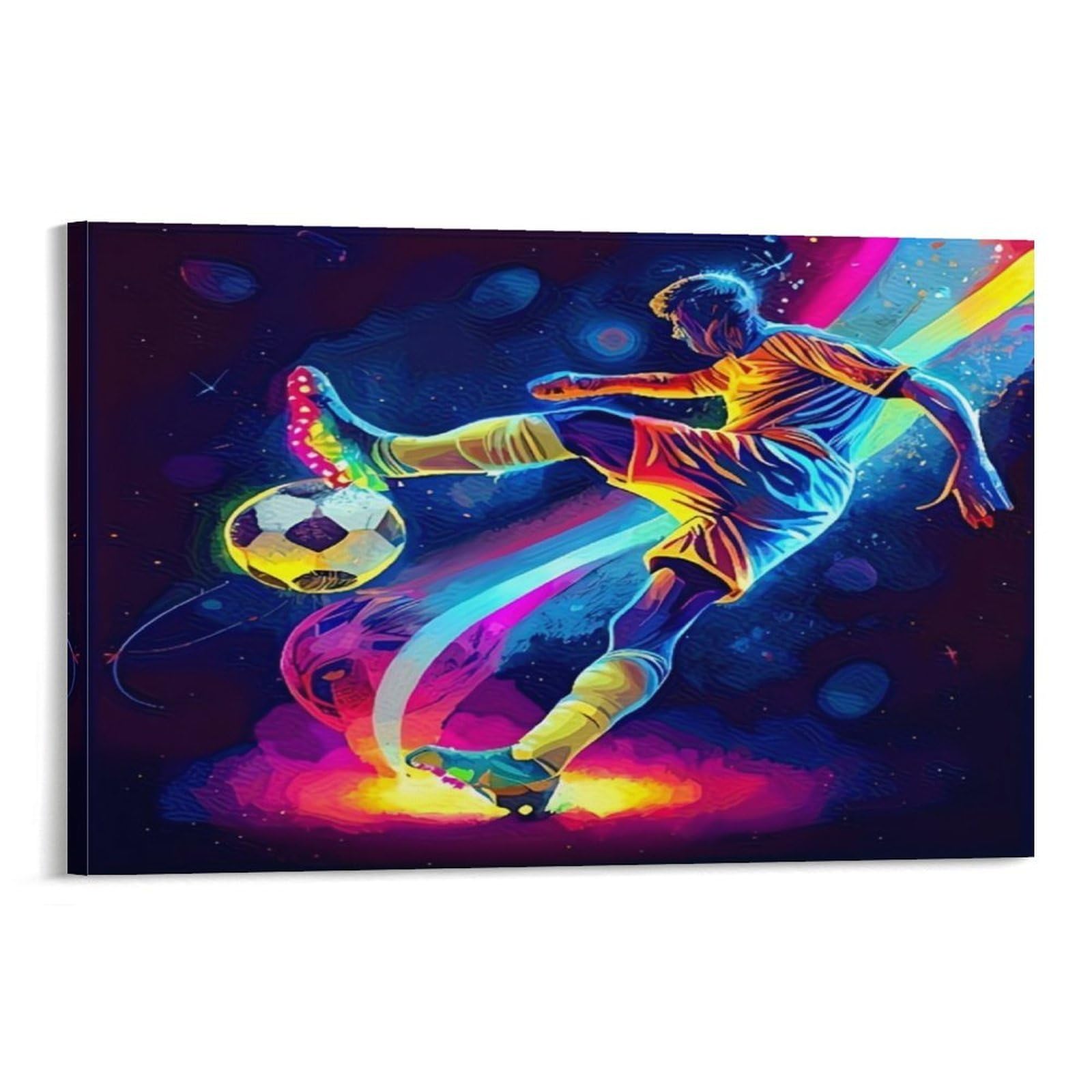 CPLVKWRQJ Soccer Player Action 1 Piece Neon Rainbow Player Strike Soccer Ball Canvas Print - Office Wall Art Fade Resistant Wall Focal Art Statement Piece 20x30inch(50x75cm)