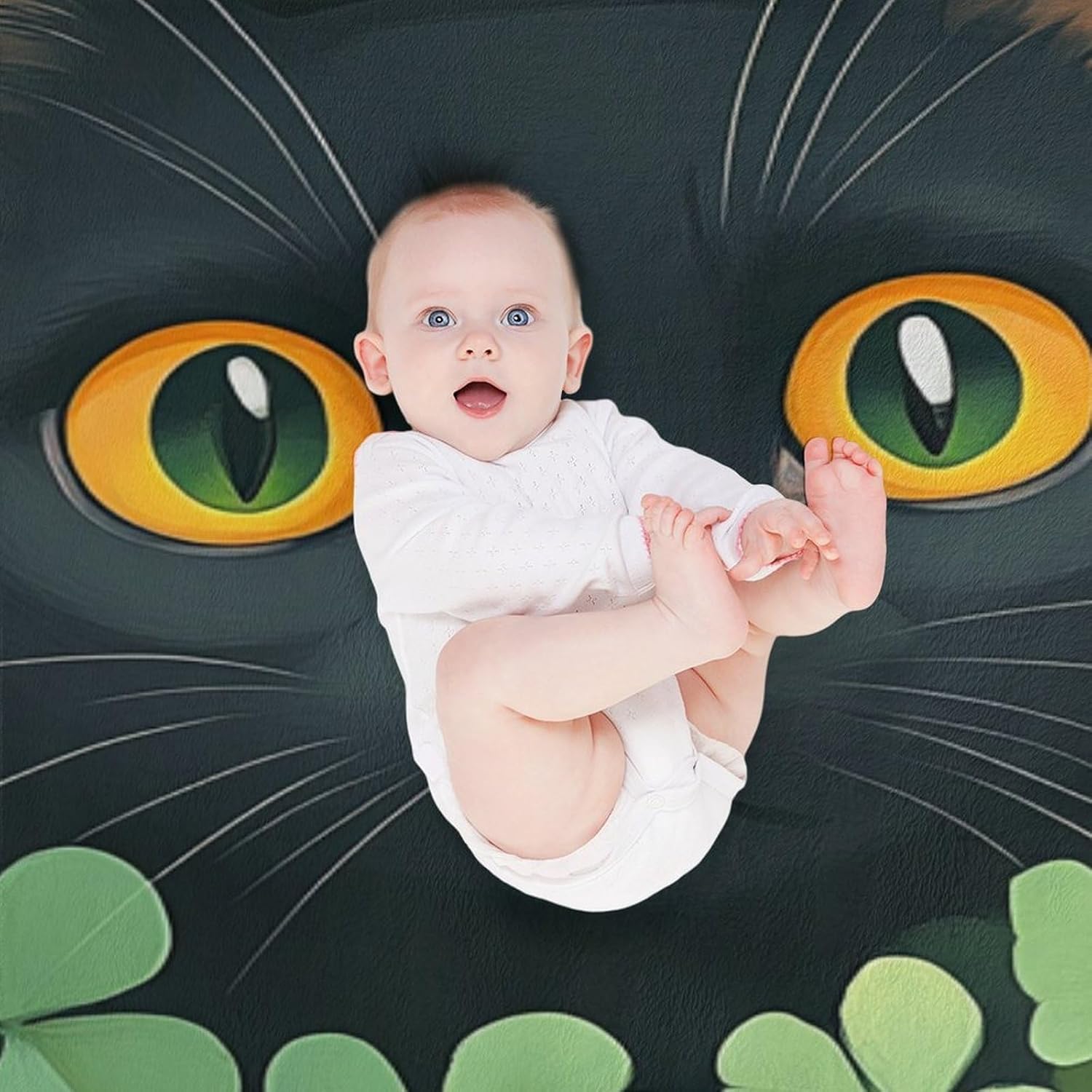 St Patricks Day Black Cat Shamrocks Throw Blanket for Bed Sofa Couch 60"x80" Green Clover Ultra Soft Warm Fleece Blankets Gift for Kids Family and Friends Decorative Flannel Blanket