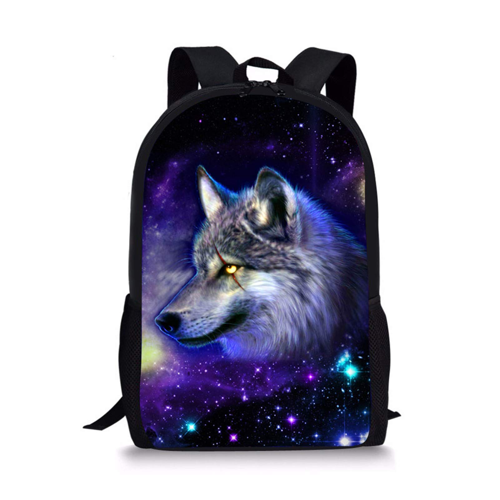 Kids Rucksack Unique Animal Wolf Backpack for School Boys Girls with Side Pocket Teenage Galaxy School Bags