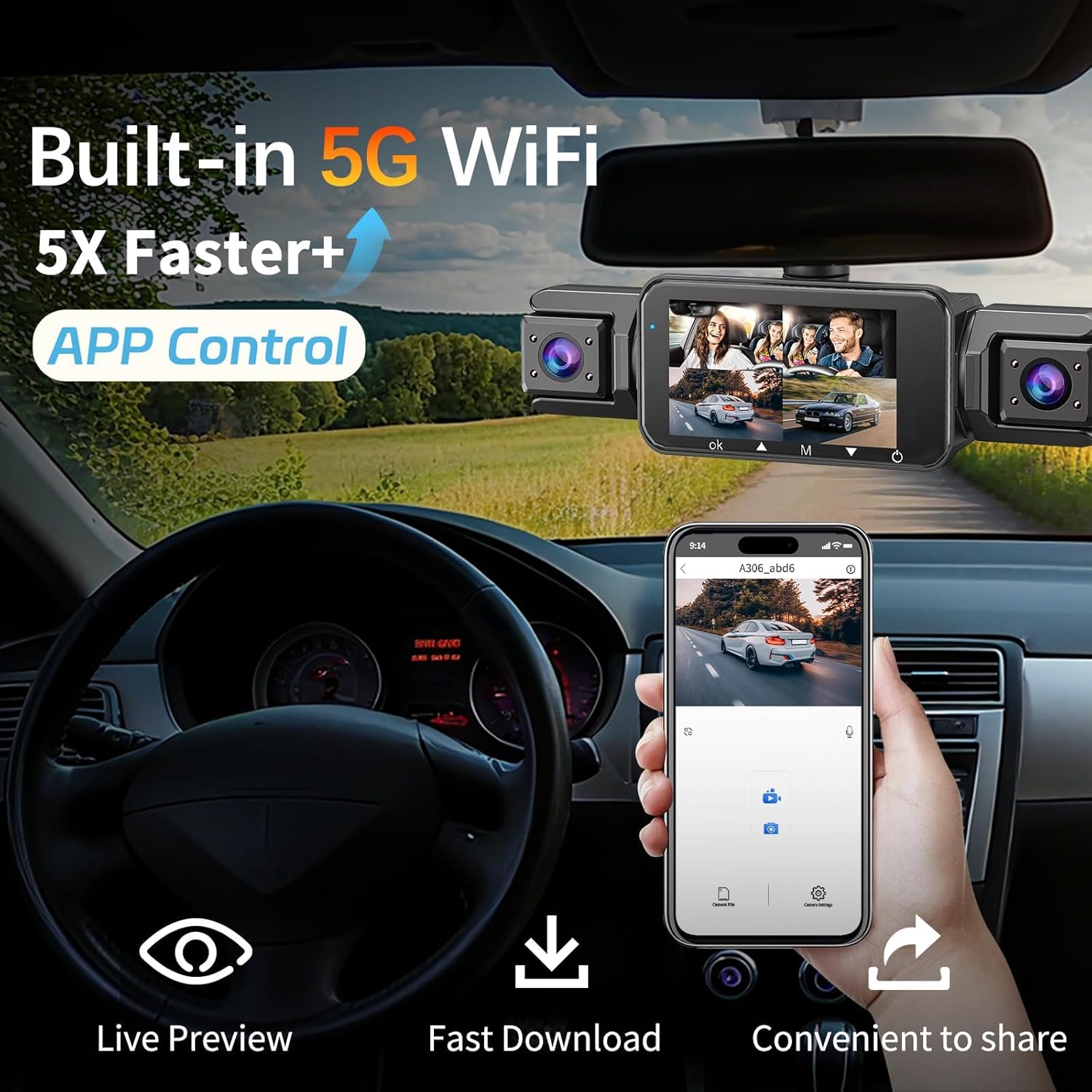 4 Channel Dash Cam Front and Rear Cabin, 360 Dash Camera, Night Vision 8 IR Lamps for Cars, 5G WiFi for Download, G-Sensor, 24H/7 Parking Mode with 64GB Card, Support 256 GB Max