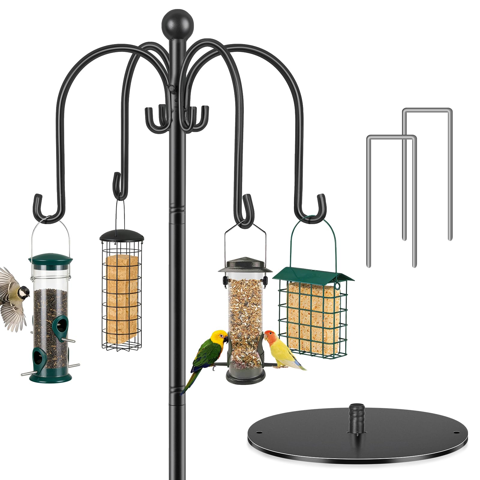 Vogelfutterspender Hängestation, 188 cm, Vogelfutterstation mit 4 Haken, robuste Futterstation für den Garten, freistehende Schäferhaken, Ganoven für Hängelampen, Körbe