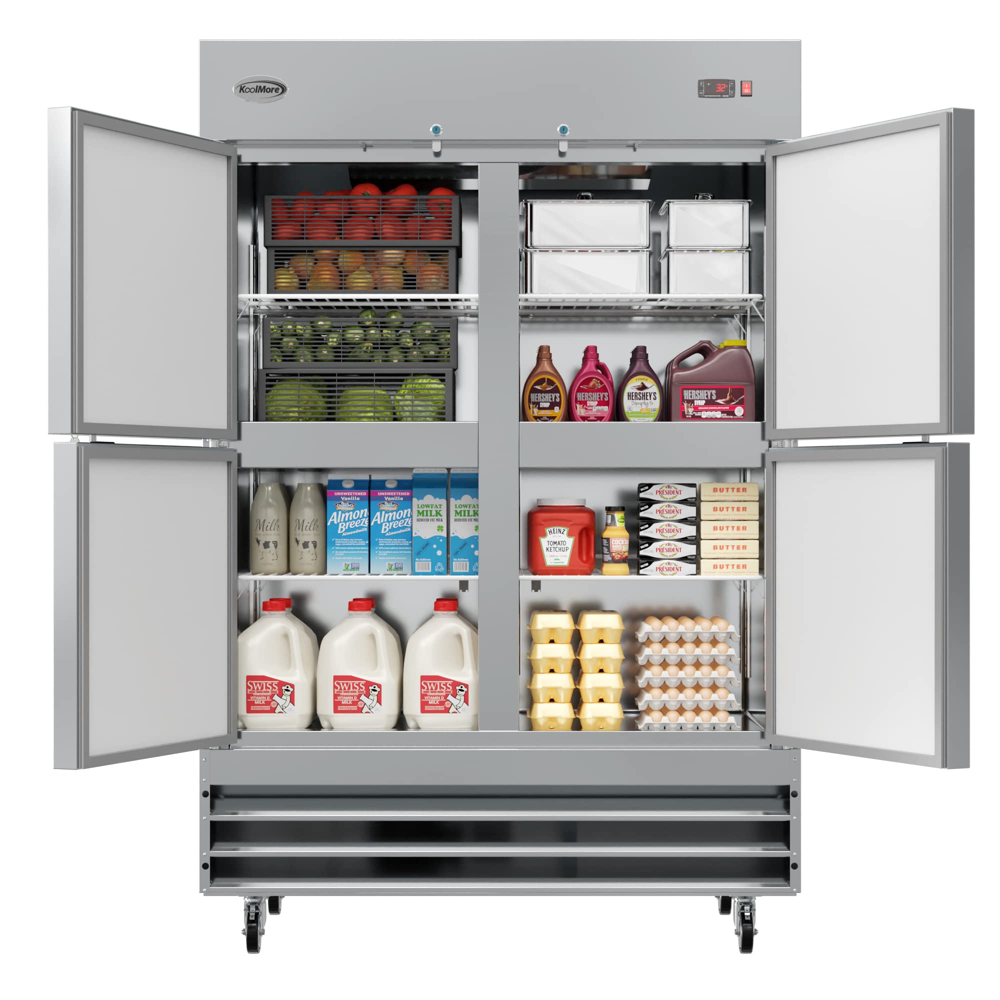 KoolMore RIR-2D-SSHD Commercial Stainless-Steel Reach-in Refrigerator with Half Door Access for Restaurant, Cafe, and Cold Food Storage, Large 47 Cu. Ft. Capacity, Heavy Duty Kitchen Use, 4, Silver