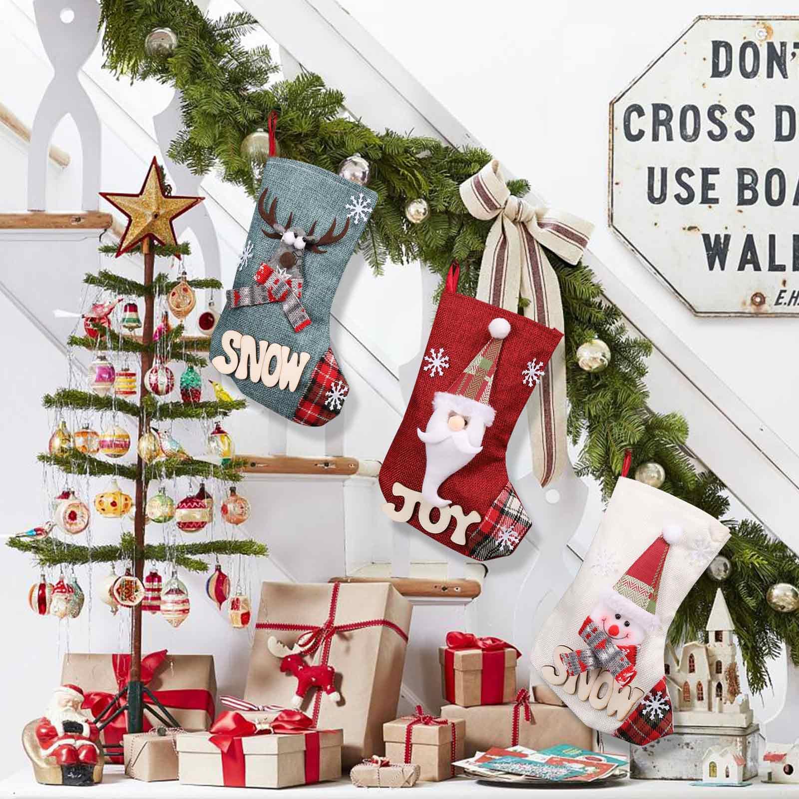 Calze Di Natale Personalizzate - Set Da 3 Pezzi In Lino | Con Motivi Natalizi Per Camino E Albero