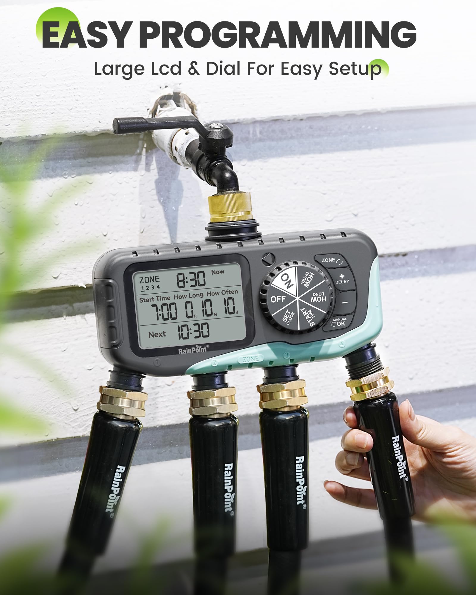 RAINPOINT Timer per irrigazione, 4 uscite, con ingresso in ottone con ritardo della pioggia/sistema di controllo manuale/automatico, digitale programmabile per prato, cortile, 4 zone