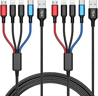 Multi Charging Cable 4-in-1 Multi Charger Cable [2Pack-4FT] Nylon Braided Multiple USB Charging Cable Fast Phone Charger Cord Multi USB Cable with Dual IP/Type C/Micro USB Port for Most Phones/Tablet