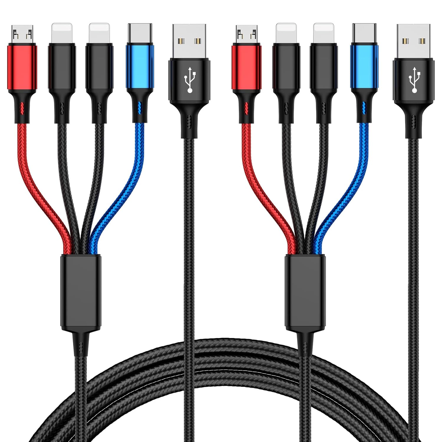 Lot de 2 câbles de charge multiUSB 4 en 1 en nylon tressé avec double
