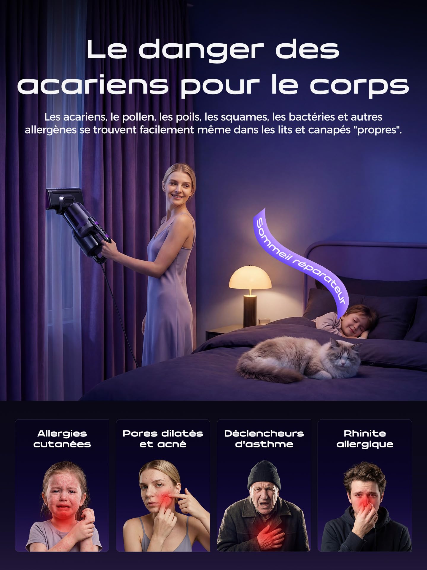 Aspirateur Matelas Aspirateur Anti Acariens 16000Pa, Aspirateur à Main avec Lumière UV-C,Air Chaud,Ultrasons&Filtre HEPA pour Matelas, Lit, Canapé, Tapis,Coussins,Idéal pour Allergiques,Câble 4 Mètres