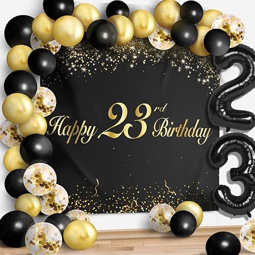 Juego de globos negros de feliz cumpleaños 23  Saludos a 23 años de edad, guirnalda temática de fiesta temática de guirnalda de pancartas