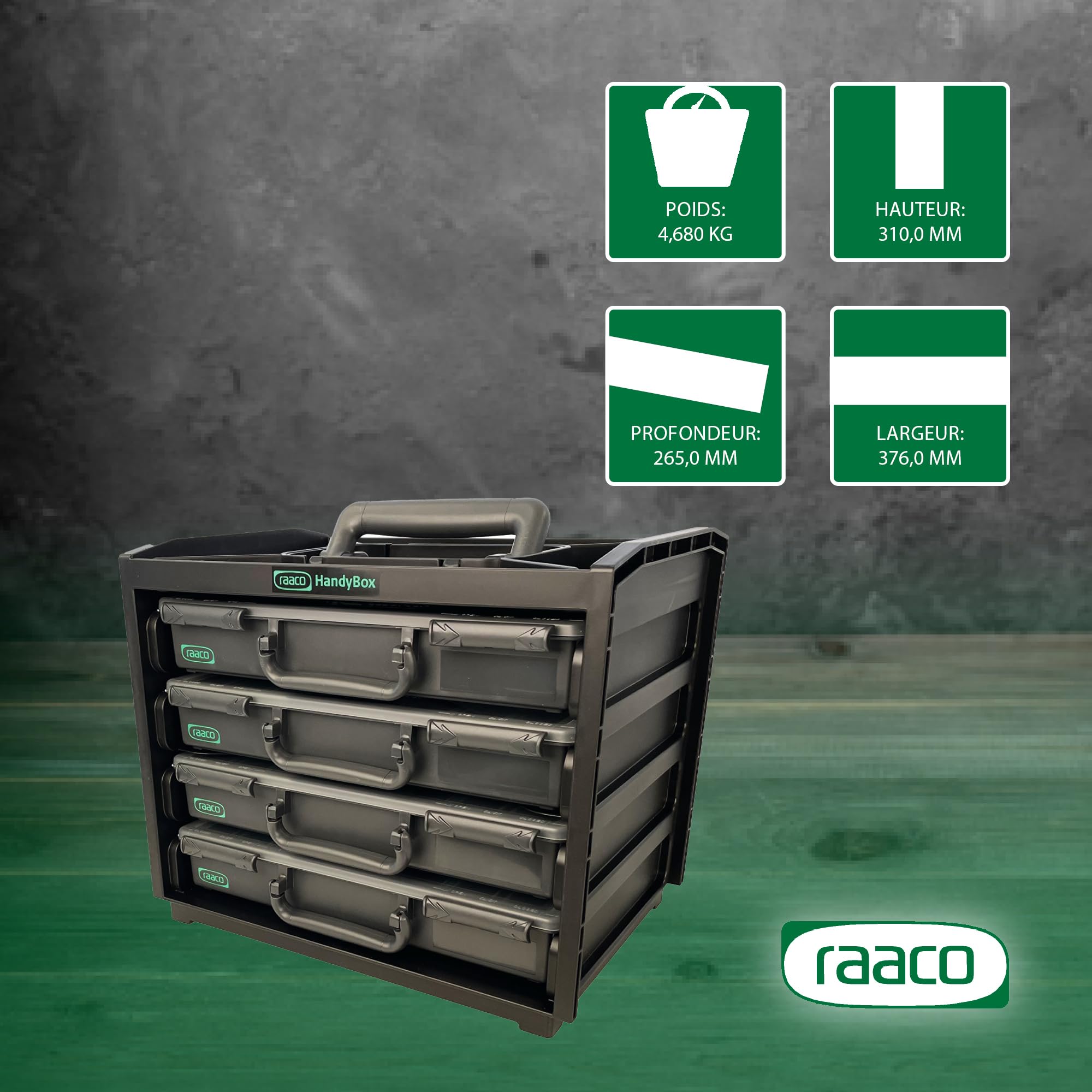 Raaco HandyBox 55x4, Ensemble de 4 Boîtes de Rangement Premium, module | Ensemble de 4 Boîtes de Rangement Premium pour Atelier, pour Visserie et Outils, Capacité de 25 kg, Empilable