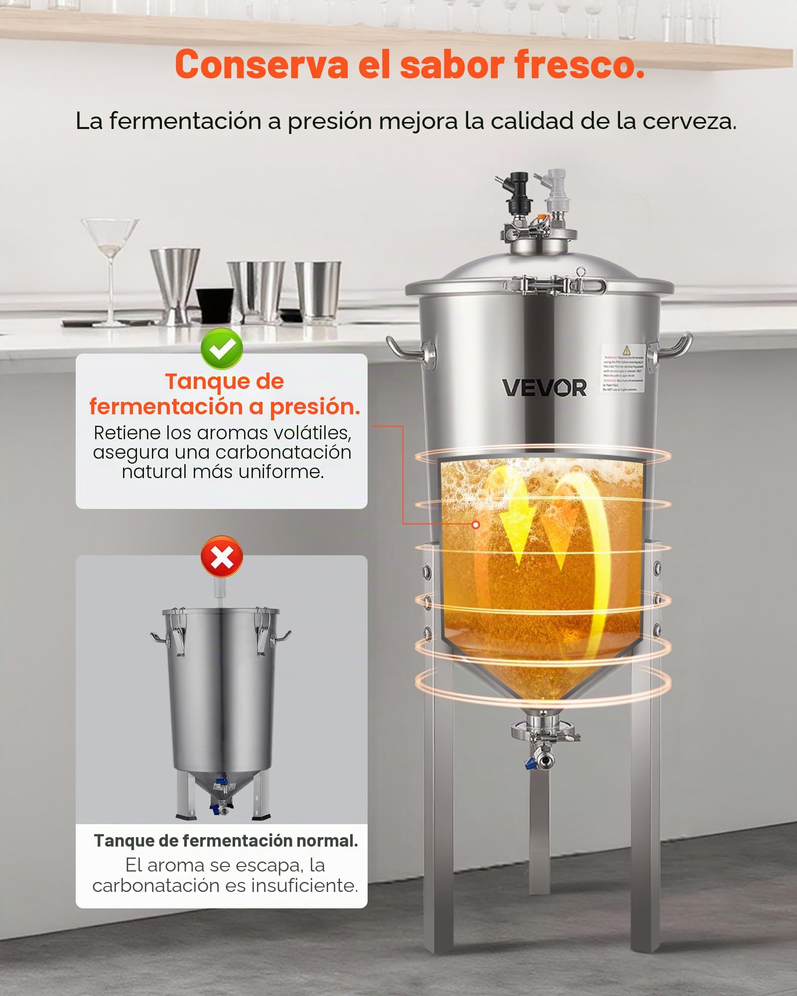 VEVOR Recipiente de Fermentación Cónico de Acero Inoxidable, 30 L, para Elaboración Casera de Cerveza y Vino, Caldera de Fermentación con Fondo Cónico, Patas Extensibles, Tapa, Asa y Termómetro