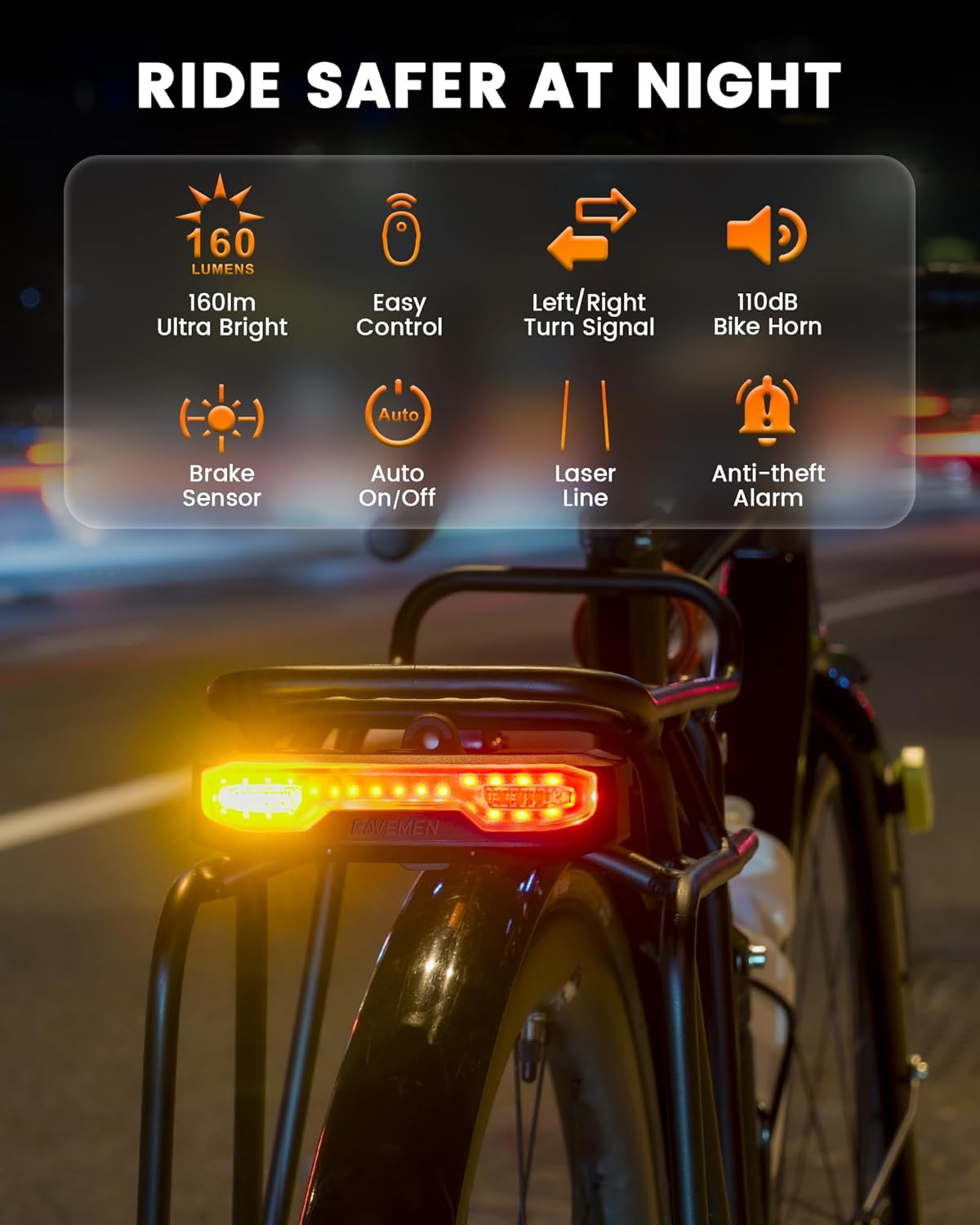 RAVEMEN NT101 Bike Tail Light with Turn Signals, 160lm Rear Bicycle Light | Horn Alarm, Auto On/Off Brake Light, Ground Warning, for Seatpost and Cargo Rack, Night Riding Safety