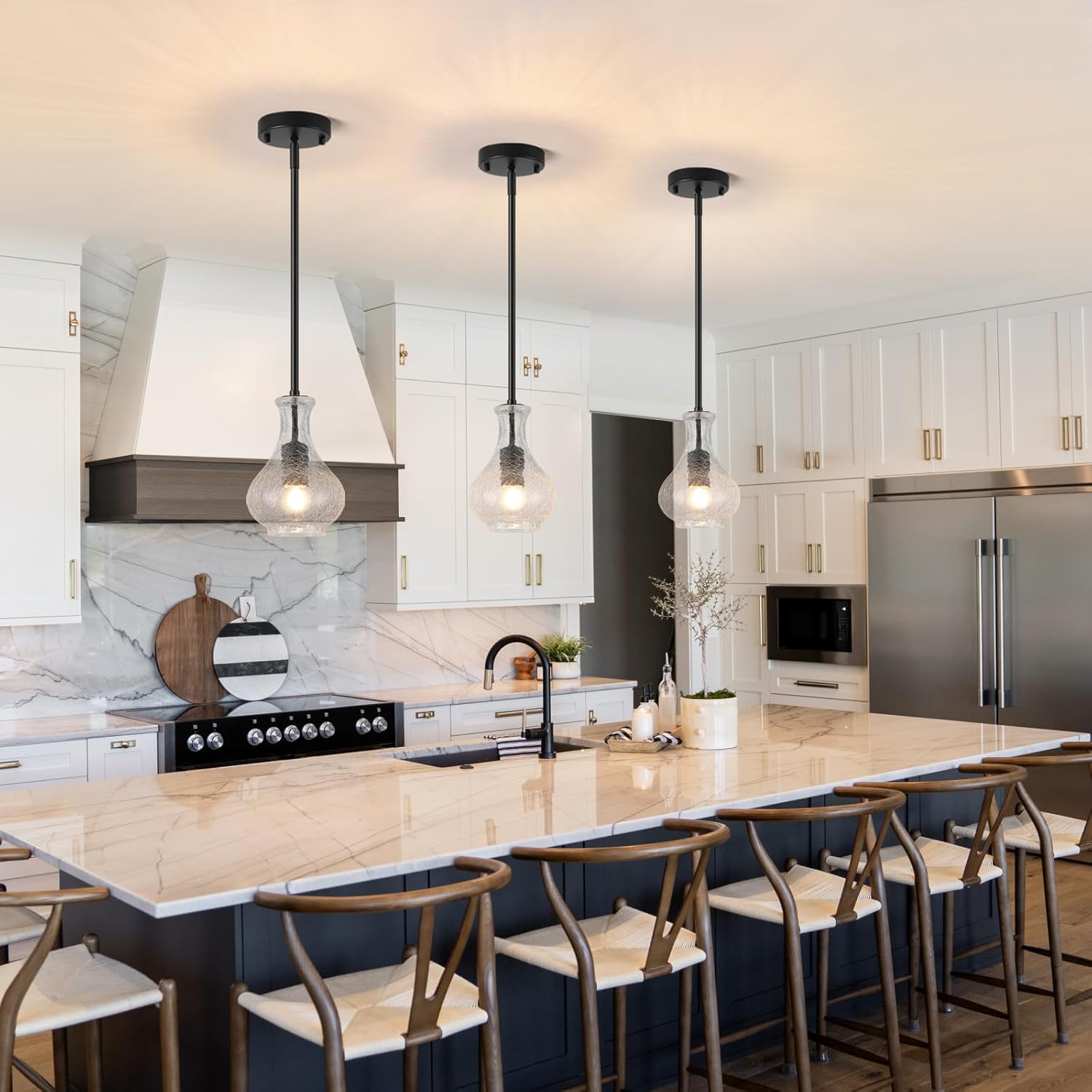 Black Pendant Lights Kitchen Island 2 Pack, 5.9" Unique Crackle Glass Pendant Light Fixtures with Adjustable Rods, Modern Single Hanging Lighting for Kitchen Island, Sink, Bathroom, E26 Base