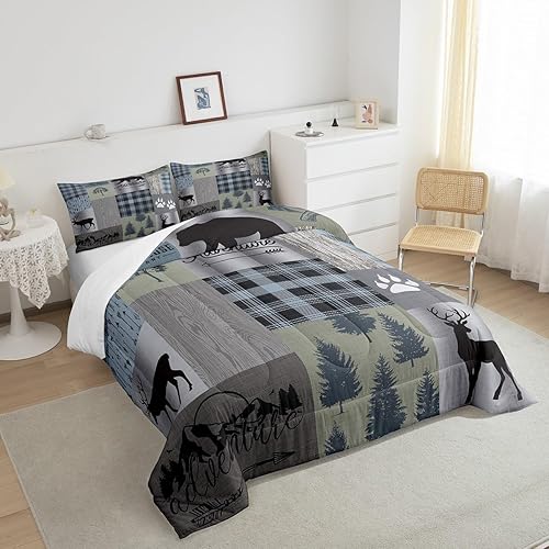 Miniatura 4 de Juego de edredón a cuadros grises y verdes tamaño King, juego de ropa de cama con temática de aventura de animales del bosque para niños y hombres,