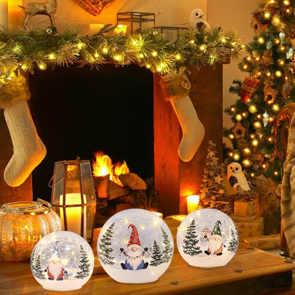 YEAHOME Christmas Decorations Indoor, 3 Pcs Lighted Gnomes Christmas Snow Globes Home Decor, Christmas Table Decorations LED Crackle Glass Ball with Timer for Living Room Fireplace Tabletop
