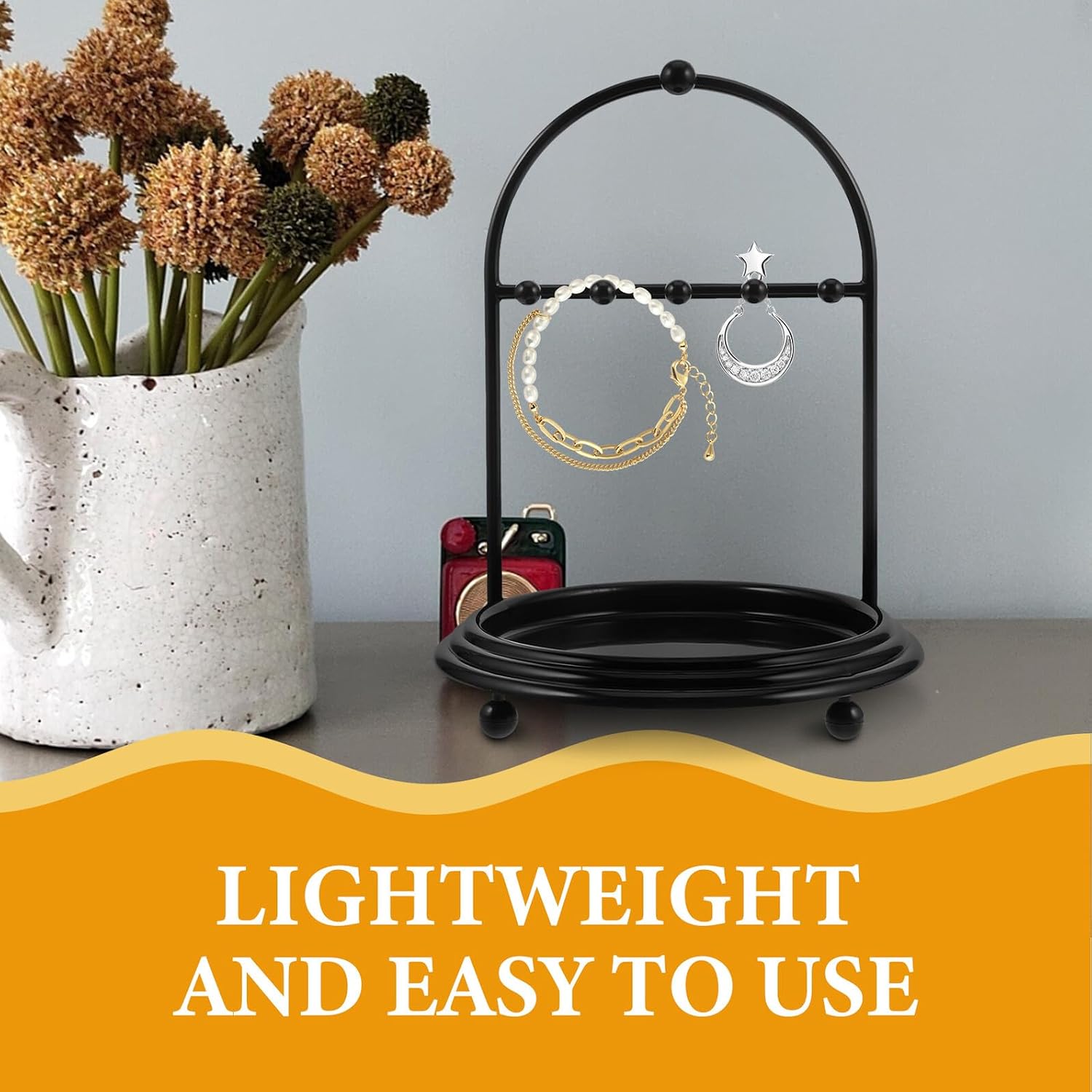 Jewelry Organizer Rack with Necklace and Bracelet Holder, Hanging Earring Display Stand for Dressing Table, Multi-functional Black Jewelry Storage Tower for Rings and Hair