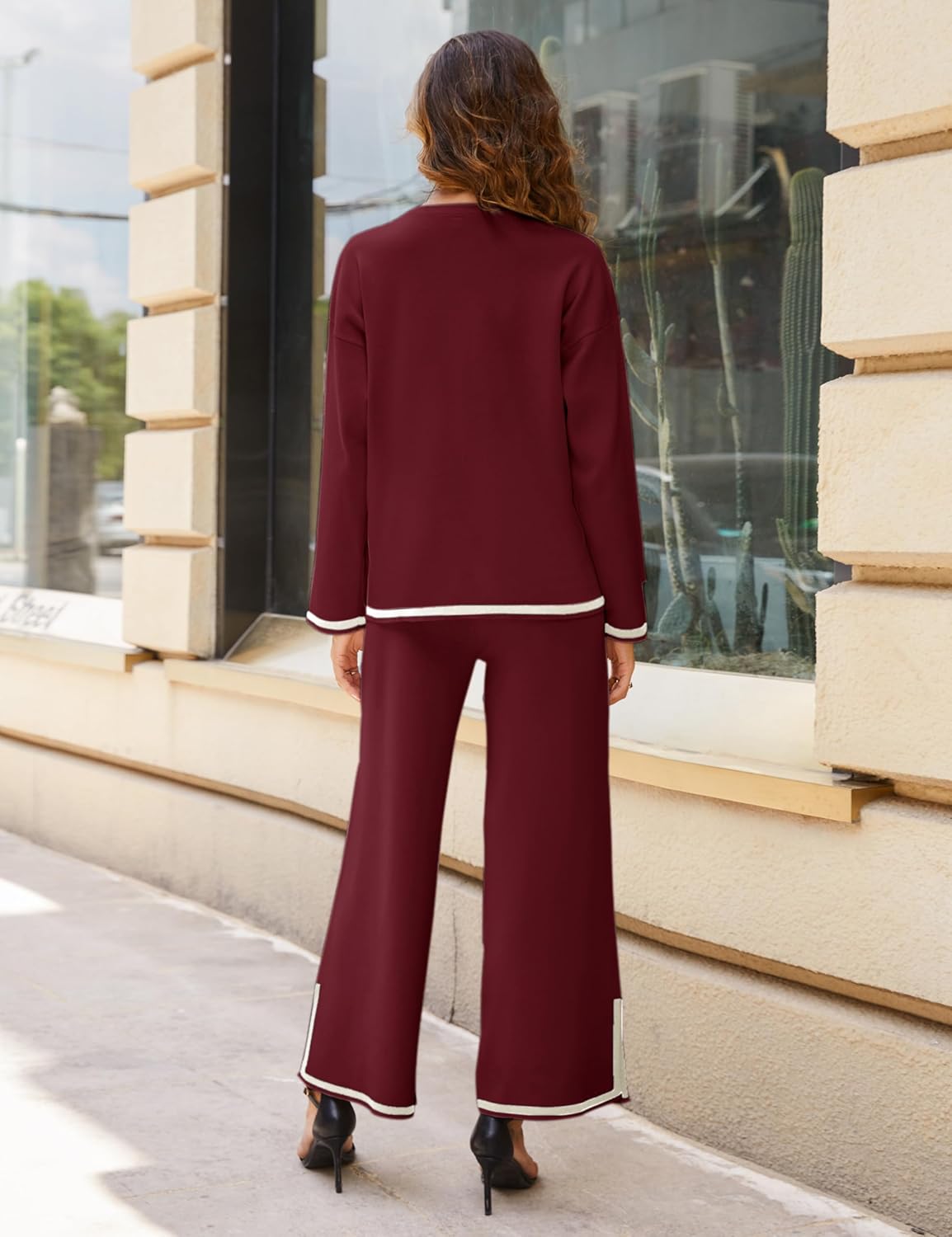 Tanming Women's 2 Piece Outfits Long Sleeve Knit Sweater Top Wide Leg Pants Lounge Sets Tracksuits - Image 3