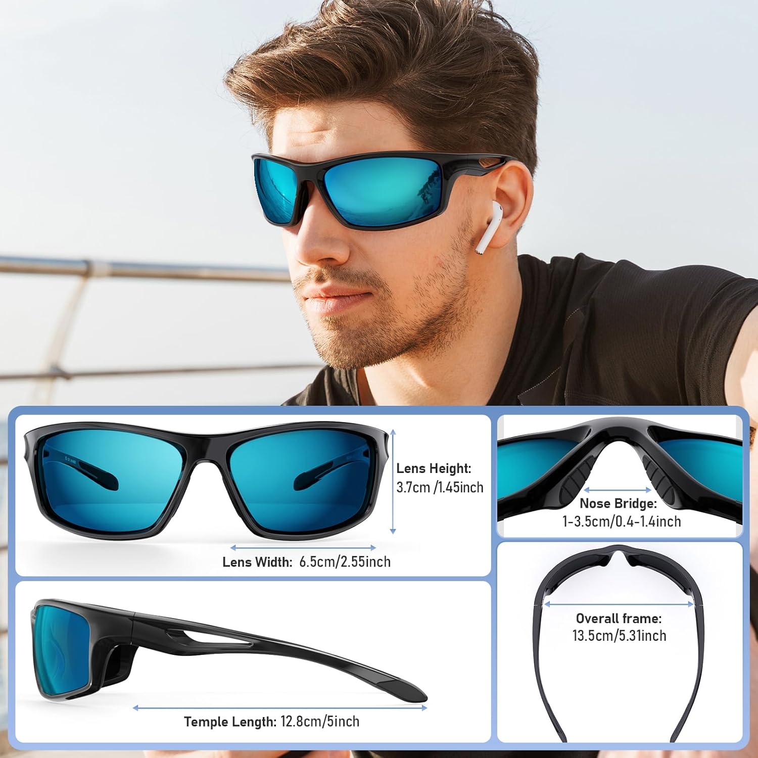 Diagram showing dimensions of CHEREEKI Sport Polarized Sunglasses.