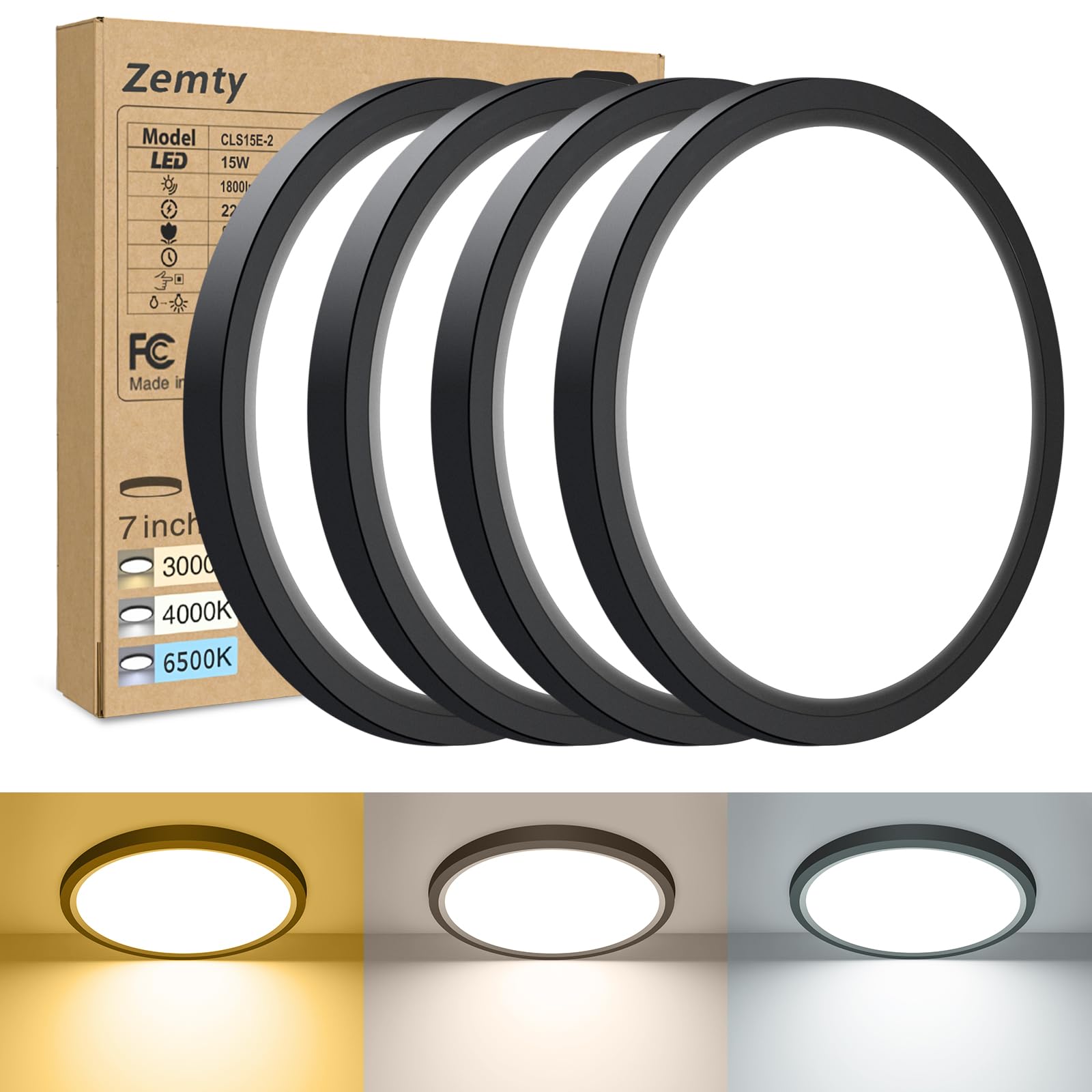 zemty 4Stück/3Farben 3000/4000/6500K LED Deckenleuchte Flach, 15W 1800LM Ø18cm Deckenleuchten, Schwarz Rund Ultra Dünn Deckenlampe LED Lampen Deckenlampen,Deckenbeleuchtung für Badezimmer,Küche
