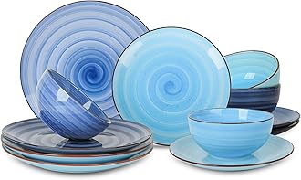 Ceramic Dinnerware Sets, 12 Pieces Plates and Bowls Sets, Scratch Resistant Dishes Set for 4, Handpainted Swirl Dishware Sets with Spray Black Dots, Dishwasher&Microwave Safe, Gradient Blue