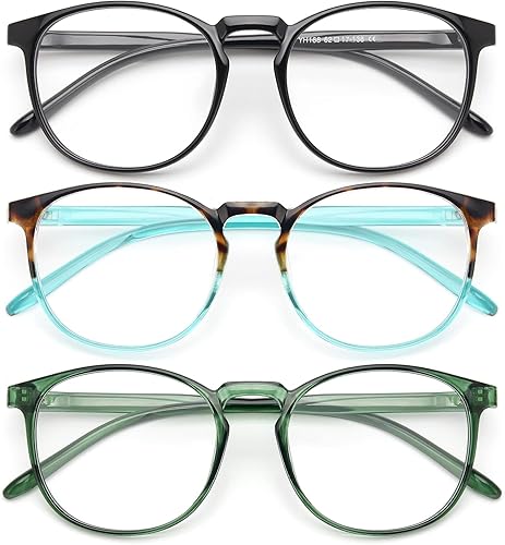 IBOANN - Lentes con filtro de luz azul para mujeres y hombres, paquete de 3 unidades, armazón redonda estilo retro a la moda, lentes falsos vintage