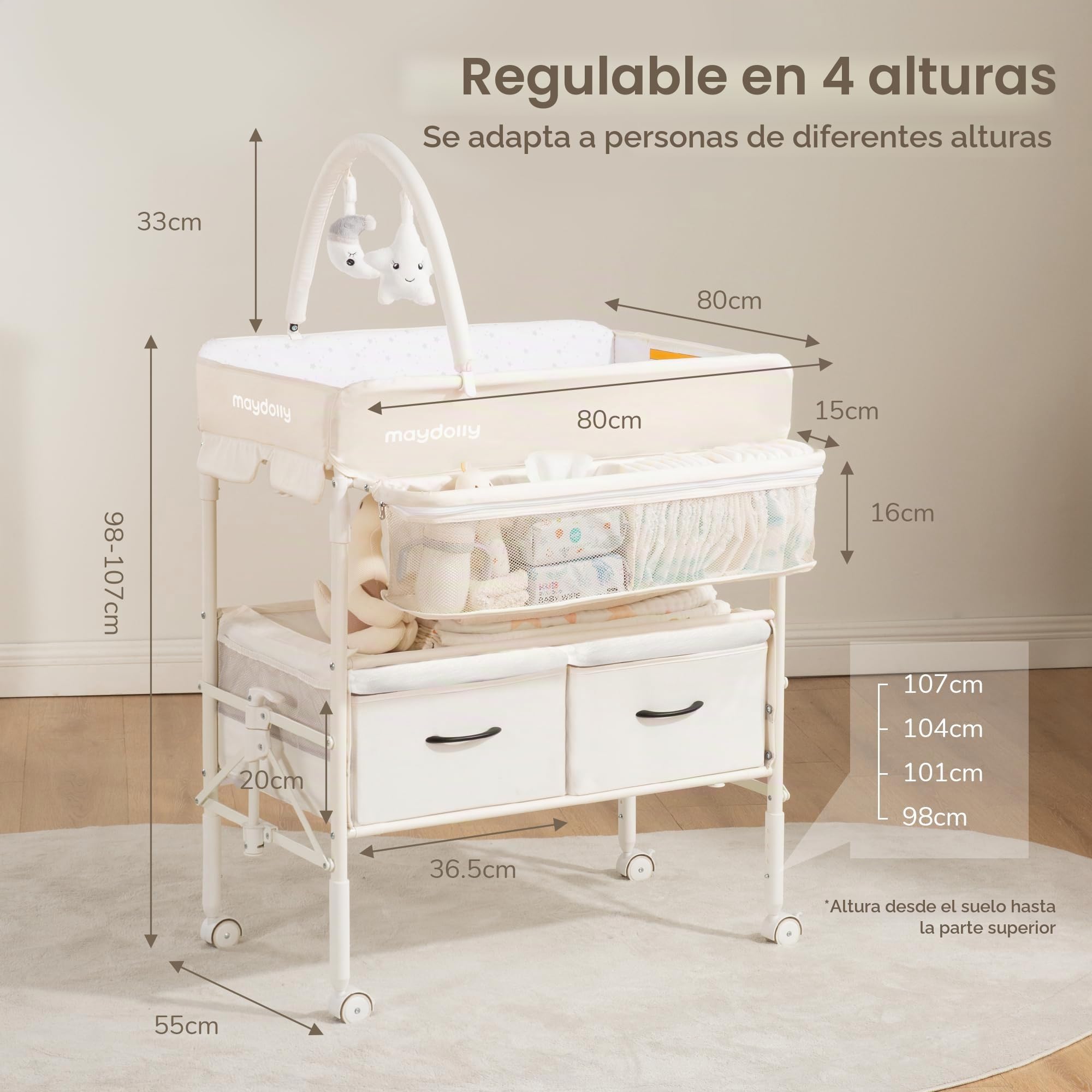 Maydolly Cambiador de Bebé Plegable y Portátil, Altura Ajustable, con Ruedas, 2 Cestas de Almacenamiento y Colchón Impermeable – Color Beige