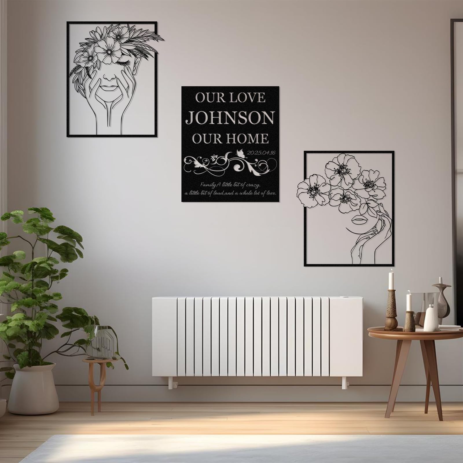 Duckbe Personalisierte Metall-Wandkunst-Dekoration, 3 Stück, Metallschilder, abstrakte Frau und Blume, Linienzeichnung, Wanddekoration, minimalistische Wandkunst, individuelles Namensschild für Paare,