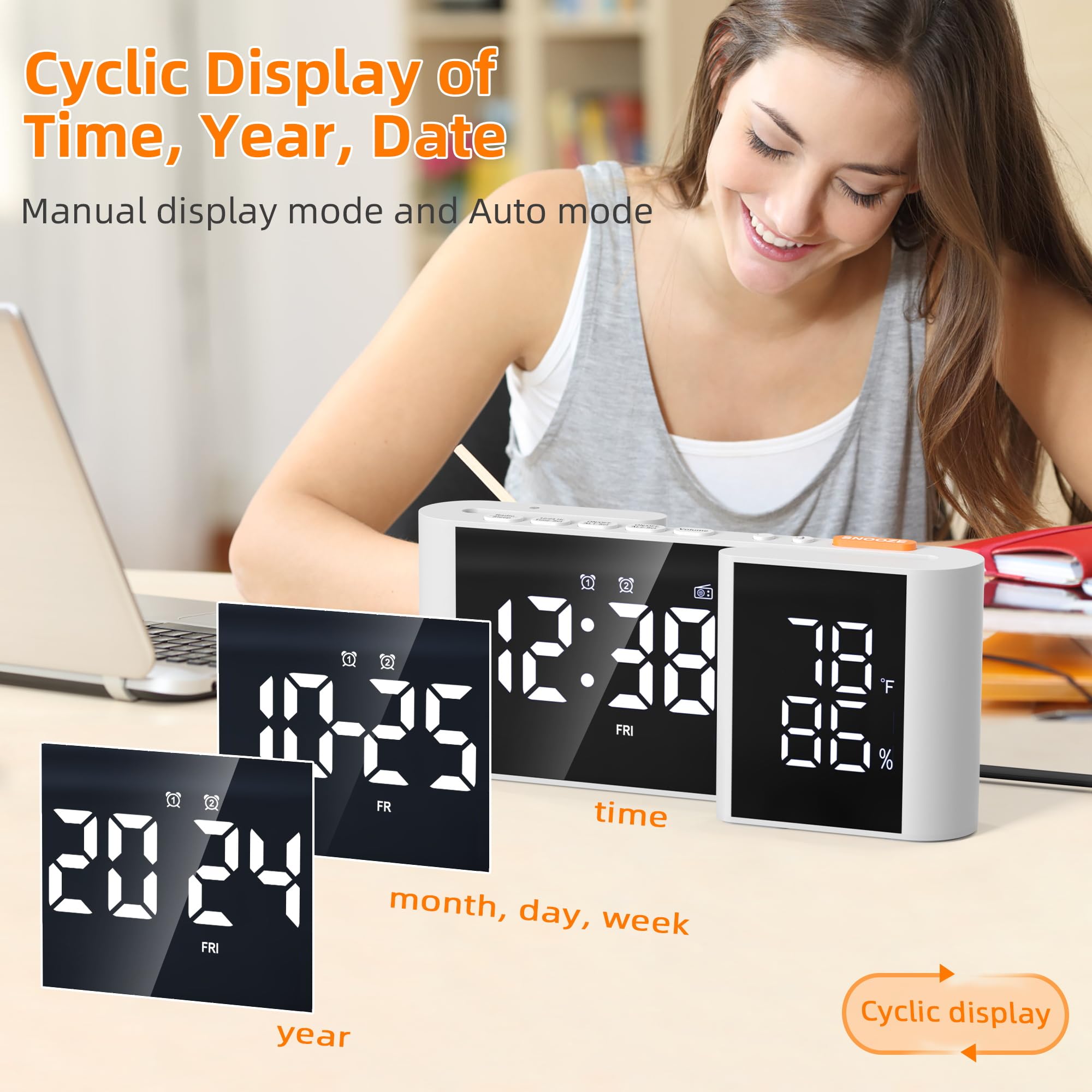 Radio Despertador para Dormitorio FM Radio LED Espejo Reloj Snooze Puerto USB Cargador Volumen Brillo Ajustable Blanco
