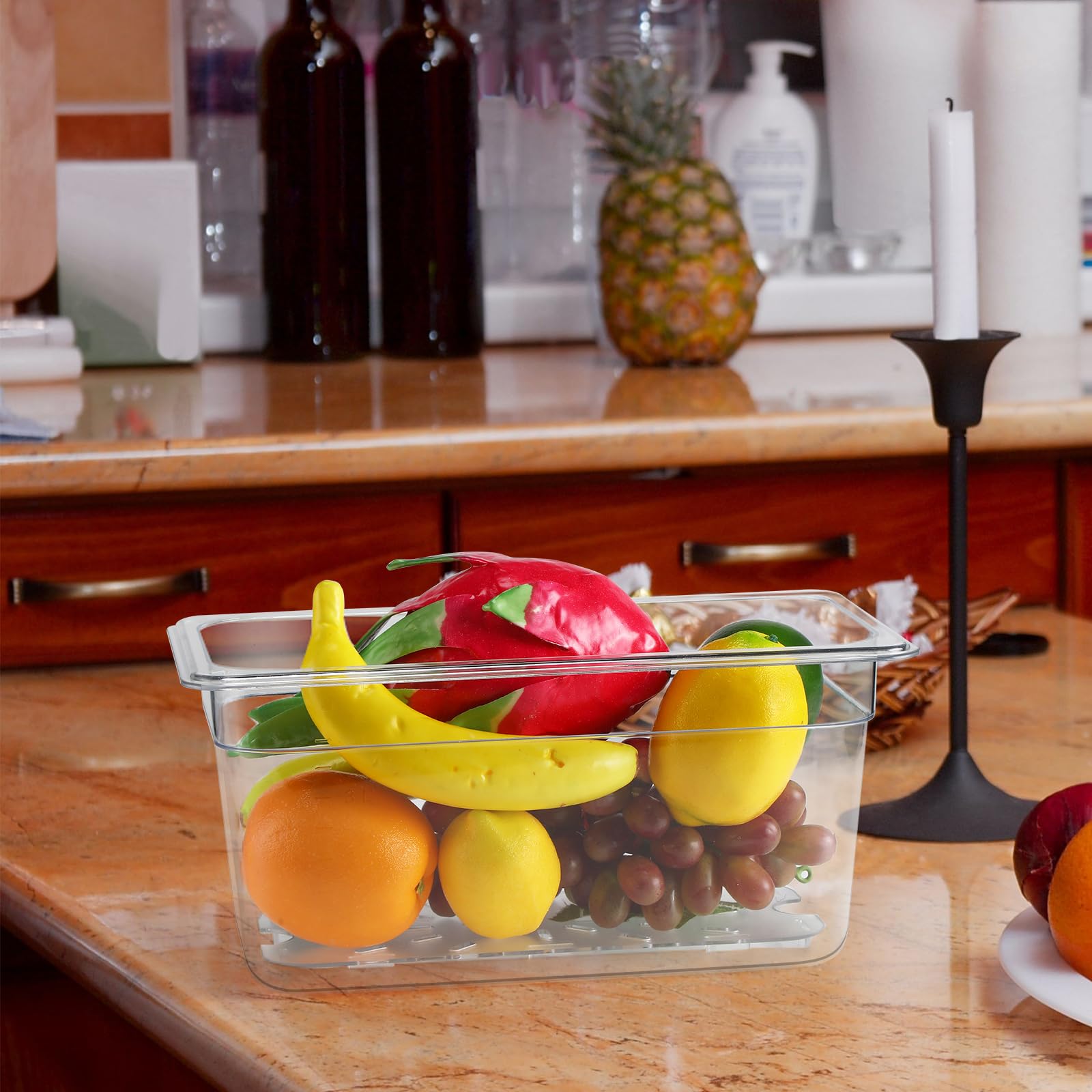 Sunnyray Juego de 6 sartenes de policarbonato de tamaño 1/3 con tapas y estante de drenaje, recipientes cuadrados transparentes para almacenamiento de alimentos para cocina, restaurante, frutas,