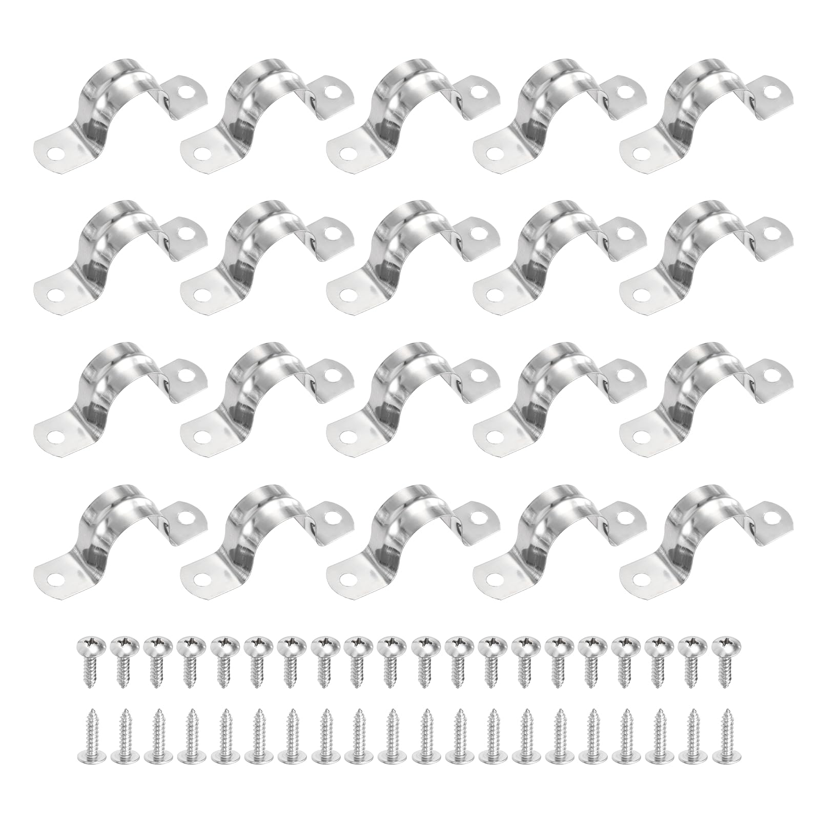 sourcing map 20Pcs 25mm(1") 304 Stainless Steel Rigid Pipe Strap, Two Hole Strap U Bracket Heavy Duty Pipe Conduit Clamp with Self-Tapping Screws for Hose Wire Cord Installation, Silver
