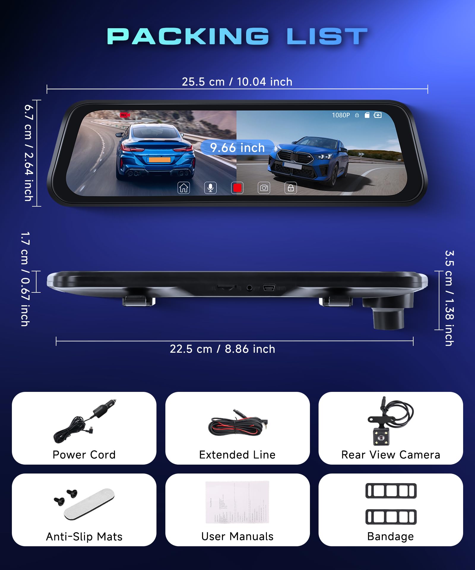 Rimoody Espejo Retrovisor Coche Dash CAM Cámara, 9.66 Pulgadas Pantalla Táctil IPS Espejo Dashcam HDR Vista Delantera y Trasera Cámaras 1080P/Visión Nocturna/Detección de Movimiento/Grabación en Bucle
