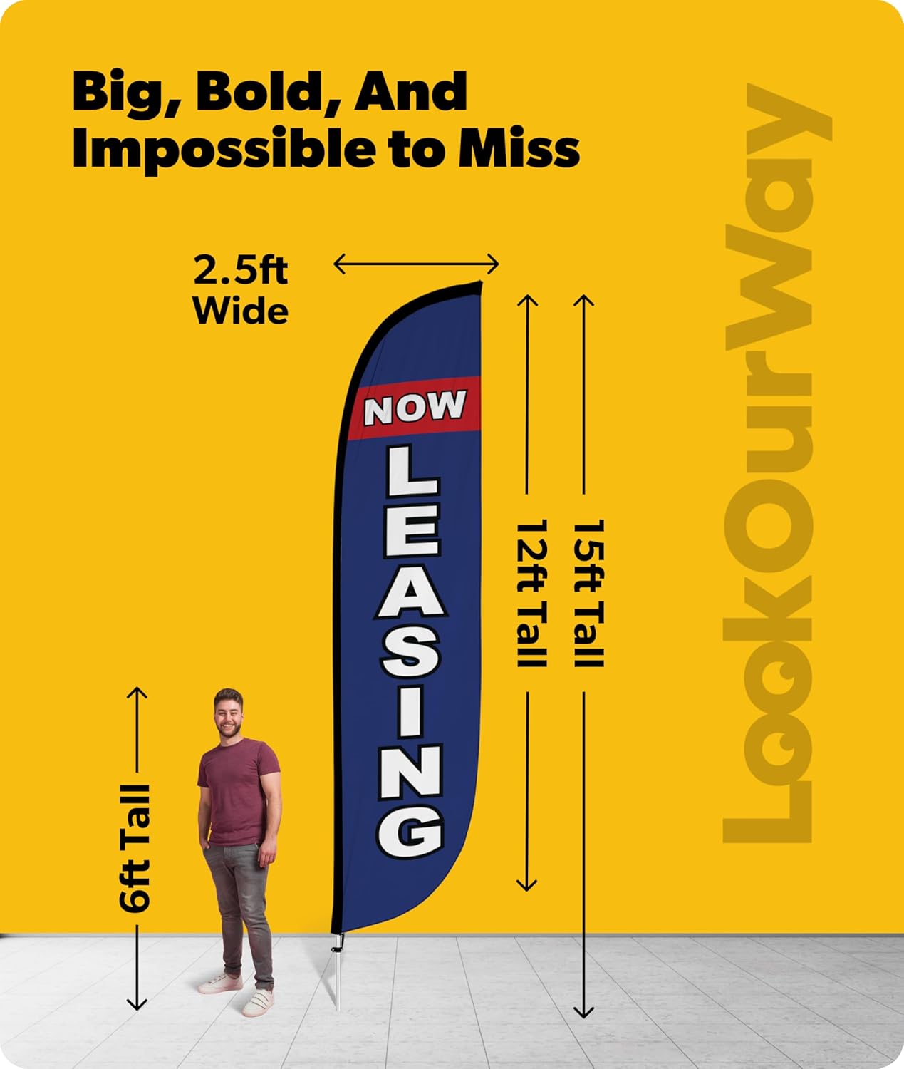 LookOurWay Feather Flag Pole Kit - 12 Feet Tall Advertising Flag Banner with Fiberglass Pole Kit and Ground Spike for Business Promotion - Real Estate Flags - Now Leasing Blue