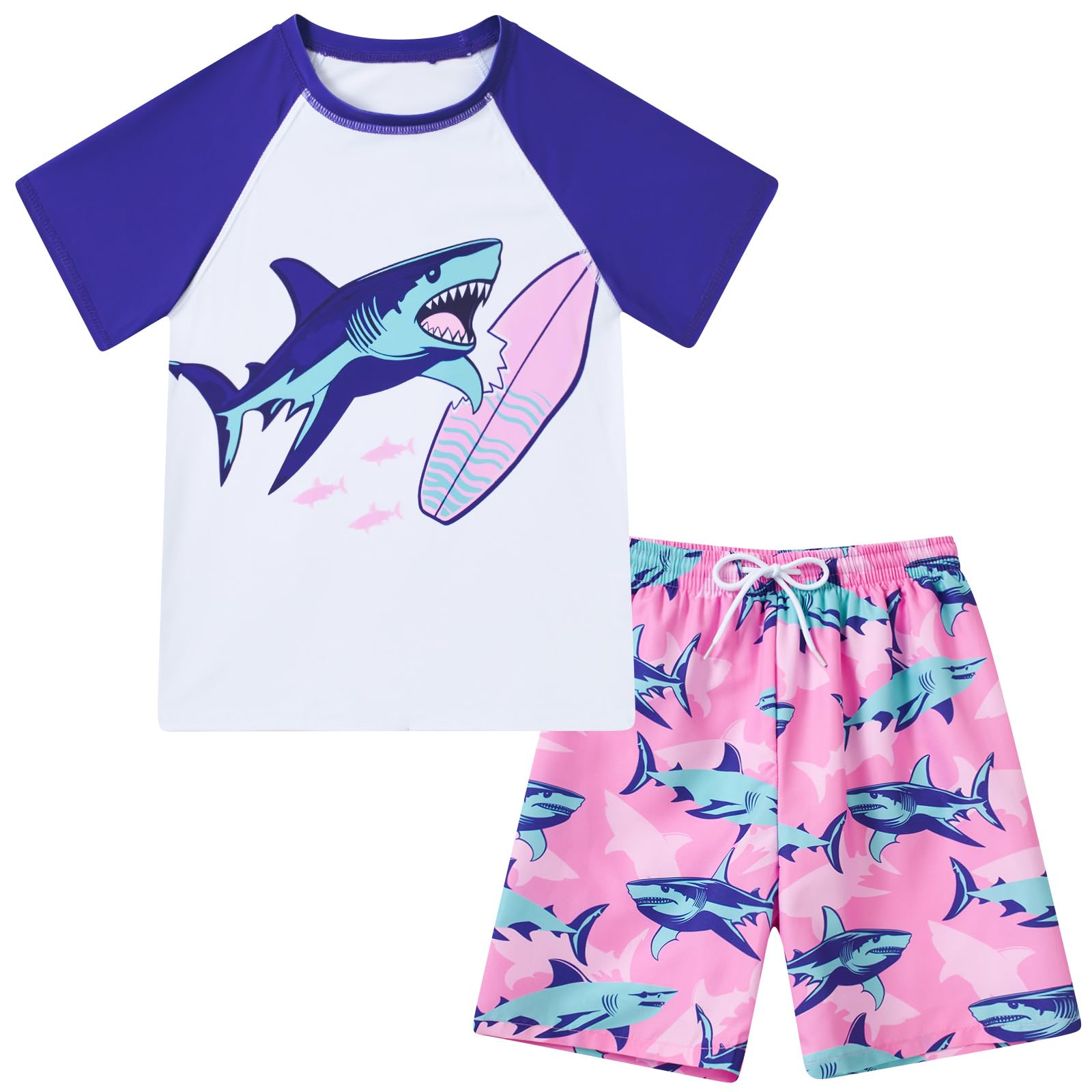 Boys Short Sleeve Rash Guard Swimsuit Set with Swim Trunks for 4-12 Years