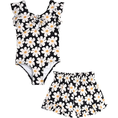 Jessica Simpson Girls' Bathing Suit Set - 2 Piece UPF 50+ One Piece Swimsuit and Summer Shorts - Swimwear Set for Girls, 7-12