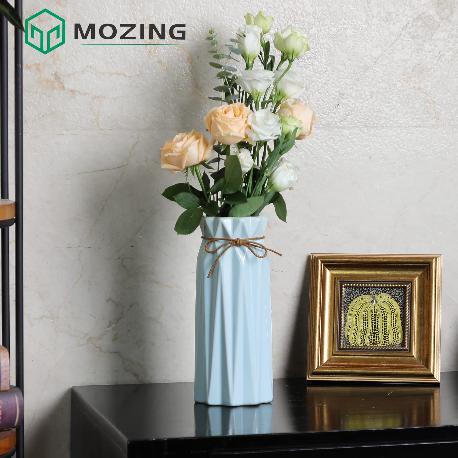 Mozing Ceramic Flower Vase for Home Decor - Modern 9 inch Tall Decorative Vases for Centerpieces - Shelf, Table, Kitchen Decor for Rustic Farmhouse - Unique Gift for Living Room Decoration (Blue)