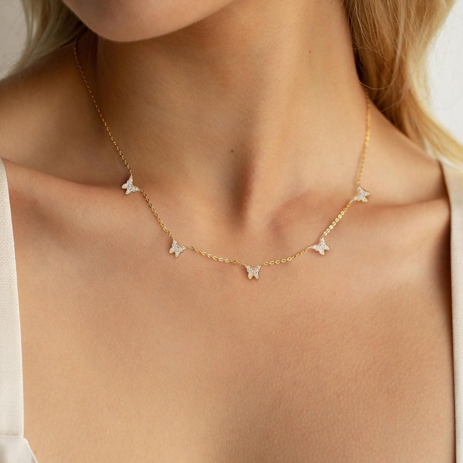 VRIUA Necklaces for Women - 14K Gold/Silver Plated Dainty Chain Necklace with Five Charms: Diamond, Bow, Snowflake, Cross, Flower, Clover, Butterfly, Heart, Star of David, and Star Trendy Jewelry - Image 3