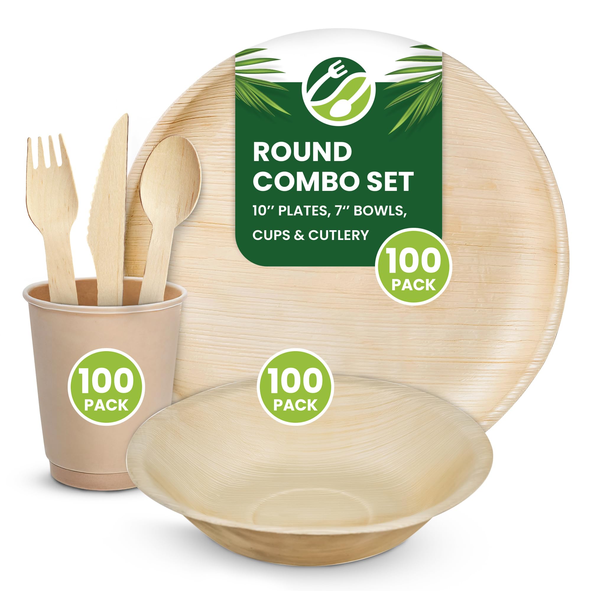 Eco Leaf 600pcs Disposable Palm Leaf Plates, Bowls, Cups and Wooden Cutlery Set – Includes 100 Round Plates, 100 Bowls, 100 Cups, 100 Forks, Knives and Spoons – Eco-Friendly, Compostable for Parties