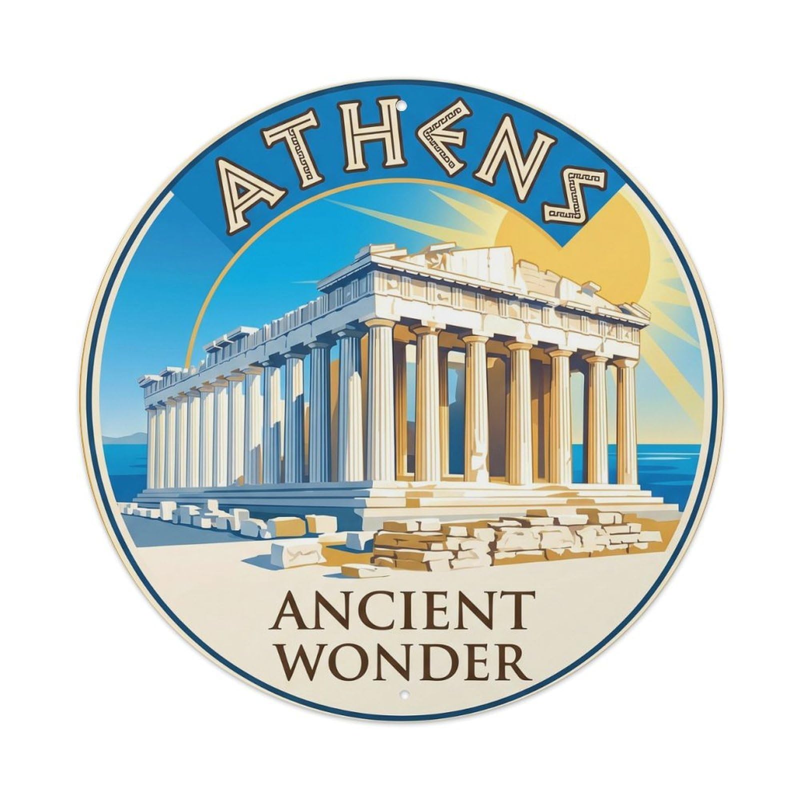 Vintage Travel Athens Parthenon Greece 1 Metal Tin Sign Plaque Wall Decor for Cafe, Club, Garden Round Metal Poster 8x8Inch
