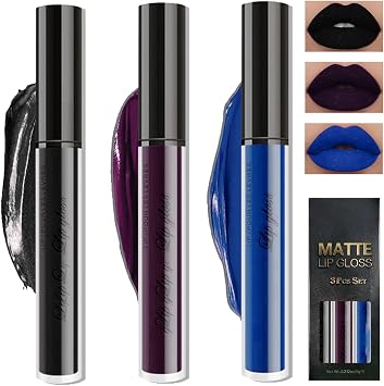 Matte Lip Gloss Set, 3-Piece Collection in Dark Green, Army Green and Cherry Red matte Liquid Lipstick Set, Highly Pigmented Full Coverage Lipstick Ladies' Gift Set Black, Blue, Purple