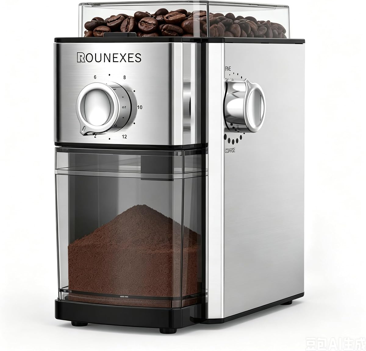 Molinillo de café eléctrico de rebabas planas, molinillo de café automático en grano con 17 ajustes ajustables, molinillo de rebabas para espresso, recipiente extraíble, 2-12 tazas,metal silver