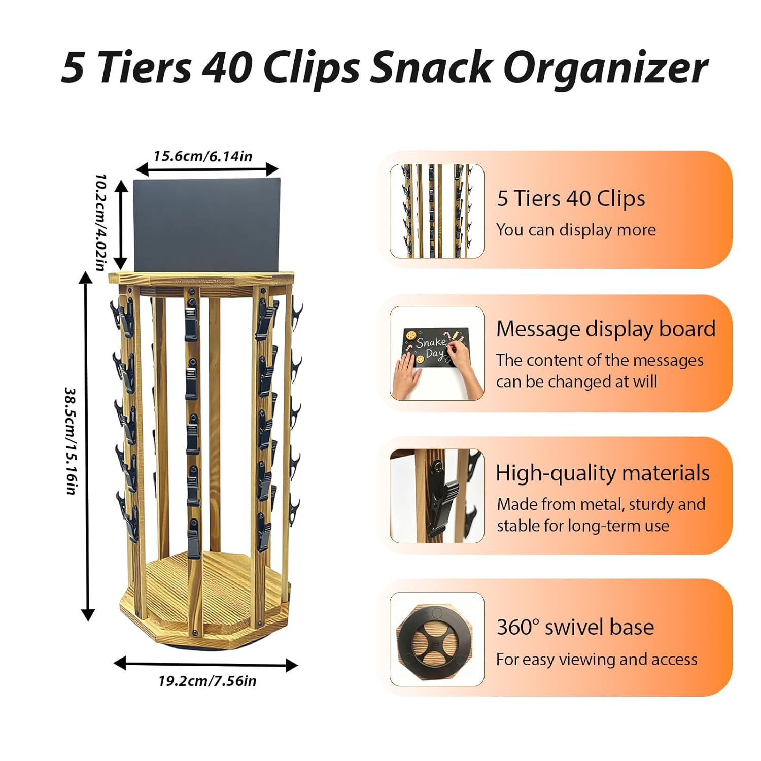 Chip Rack Display Stand, 5-Tier Snack Organizer with 40 Clips, 360°Rotating Wooden Base Chip Holder Display, Chip Stand for Countertop, Concession Stand, Retail, Office, and Party